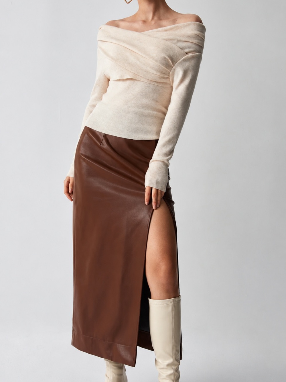 Commense Off Shoulder Wrap Long Sleeve Knit Top Size M Apricot - Picture 7 of 8